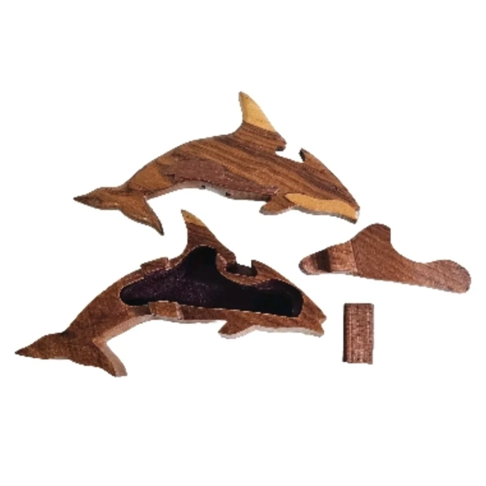 Wooden Dolphin Fish Intarsia Puzzle Secret Chamber Handcrafted Jewelry Brown Box